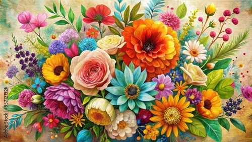 Vibrant, hand-drawn floral bouquet bursts with colorful petals and foliage on a soft, textured canvas, blending traditional illustration with modern digital art techniques.