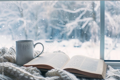 A cozy scene with an open book and a mug, set against a snowy winter window, representing warmth and tranquility.