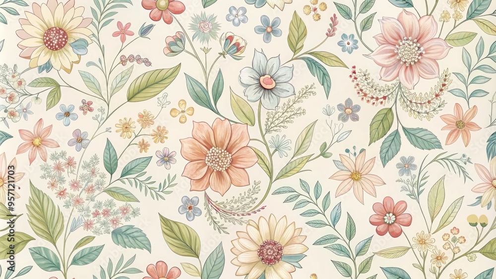 Vibrant, hand-drawn floral patterns in pastel hues dance across a soft, creamy background, creating a whimsical and elegant wallpaper design perfect for feminine spaces. Vibrant, hand-drawn floral patterns in pastel hues dance across a soft, creamy background, creating a whimsical and elegant wallpaper design perfect for feminine spaces.