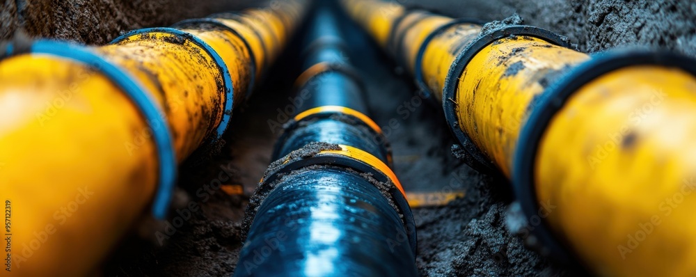 Fototapeta premium an oil and gas pipeline laid in the ground, featuring black and blue pipes, a dirty underground tunnel, and a water flow concept Generative AI
