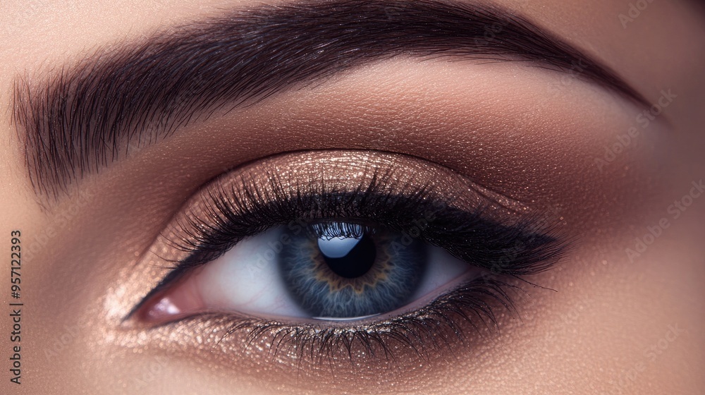 Fototapeta premium Stunning female eye close-up, featuring expert makeup with precise eyebrow shaping and dramatic eyelash