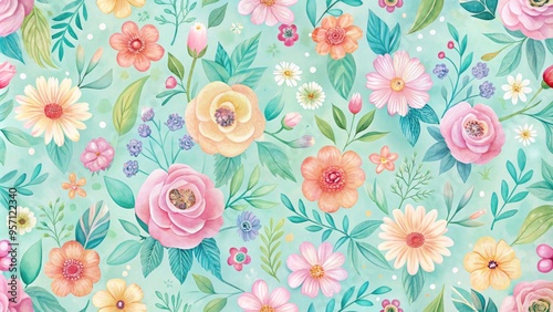 Vibrant, hand-painted floral motifs in soft pastel hues create a seamless, whimsical background perfect for designs, wallpapers, or scrapbooking projects requiring elegant, feminine charm.