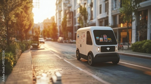 Self-Driving Delivery Van on City Street at Sunset