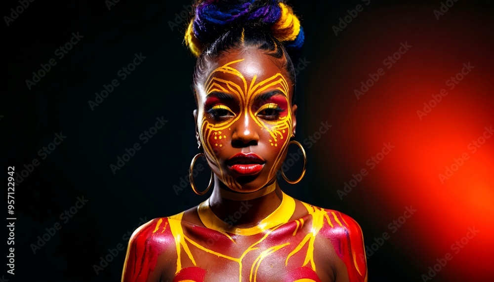 Portrait of a woman with bold body art, vibrant colors, style trendy and avant-garde, mood confident and daring, high contrast, close-up view, body paint. 1 Portrait of a woman with bold body art, vibrant colors, style trendy and avant-garde, mood confident and daring, high contrast, close-up view, body paint. 1