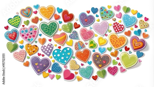 Vibrant heart-shaped decals in various colors and sizes scattered on a white background, perfect for adding a touch of love and whimsy to creative projects.
