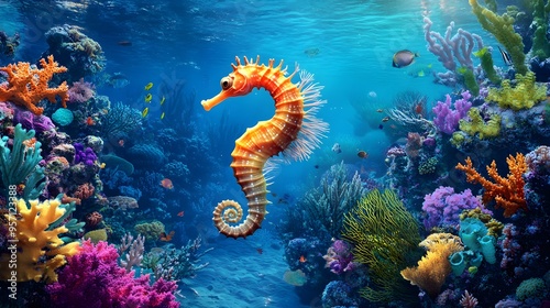 Fototapeta Naklejka Na Ścianę i Meble -  a seahorse swimming in the coral reef, surrounded by colorful corals and sea plants