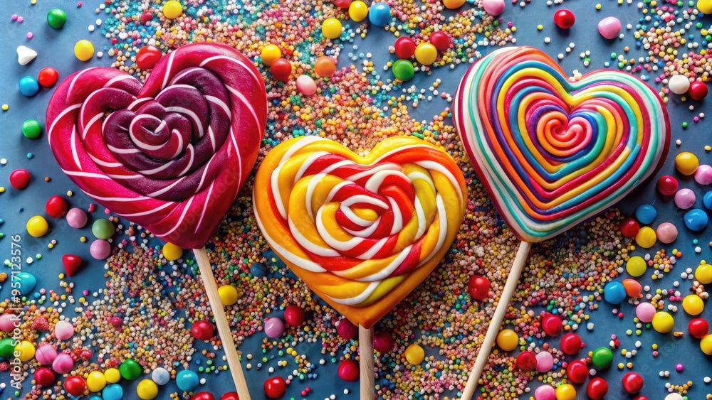 Vibrant heart-shaped lollipops overflowing with colorful sprinkles and shiny decorations. Vibrant heart-shaped lollipops overflowing with colorful sprinkles and shiny decorations.