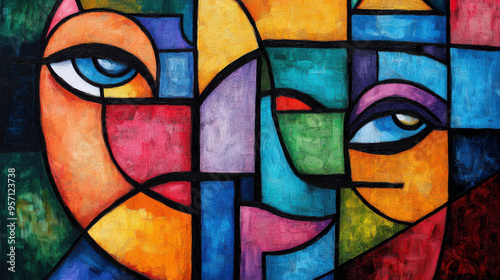 An abstract painting in a cubist style with a face motif
