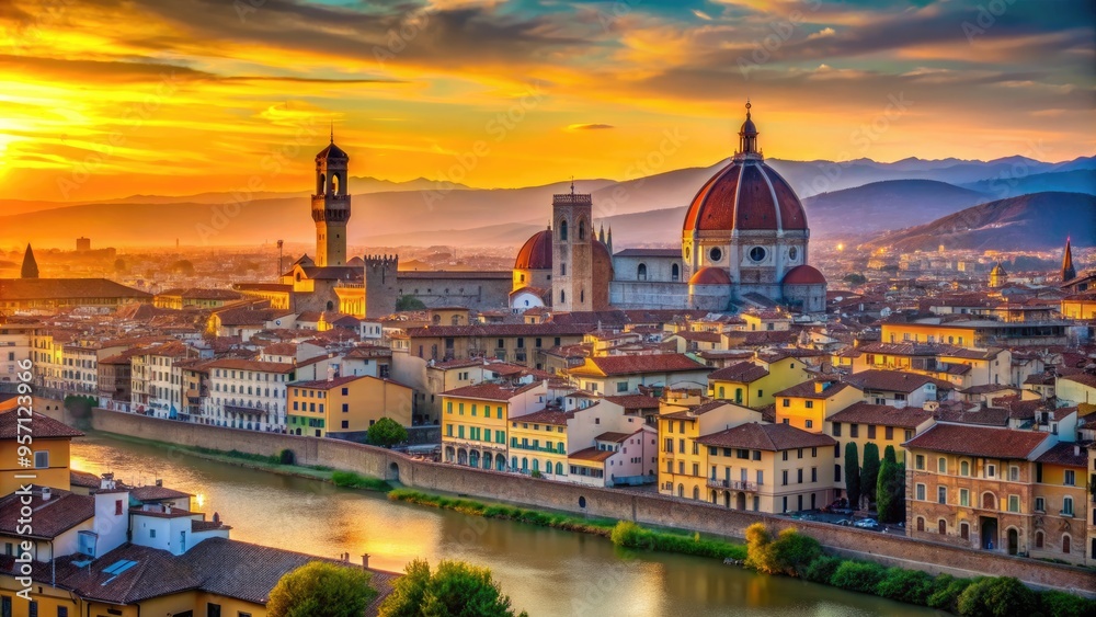 Fototapeta premium Vibrant sunset casts a golden glow on Florence's iconic terracotta rooftops, Duomo, and Ponte Vecchio, set against a backdrop of misty Tuscan hills and clear blue sky.