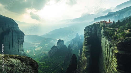 The ancient cliffs and monasteries of Meteora in Greece, rising dramatically from the valley floor, with no photo