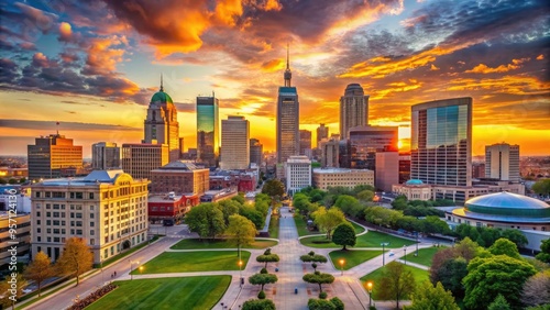 Vibrant sunset casts a warm glow on the eclectic mix of ancient and modern buildings that shape the iconic Indianapolis cityscape skyline.