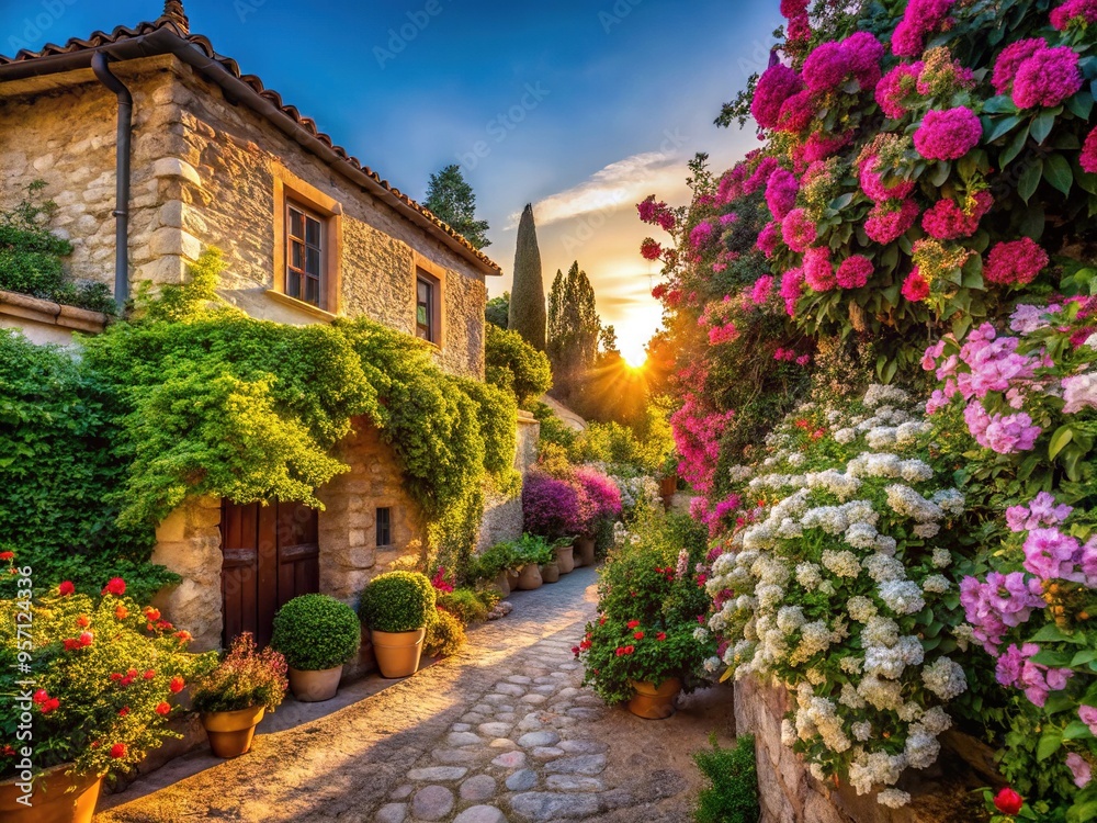 Fototapeta premium Summer blooms burst forth with vibrant hues on sun-blessed Spanish hills, golden light dancing across rustic stone walls amidst lush greenery and sweet jasmine-scented breeze.