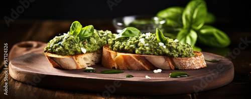 Delectable slices of bruschetta topped with homemade pesto and parmesan, presented on a rustic wooden board.