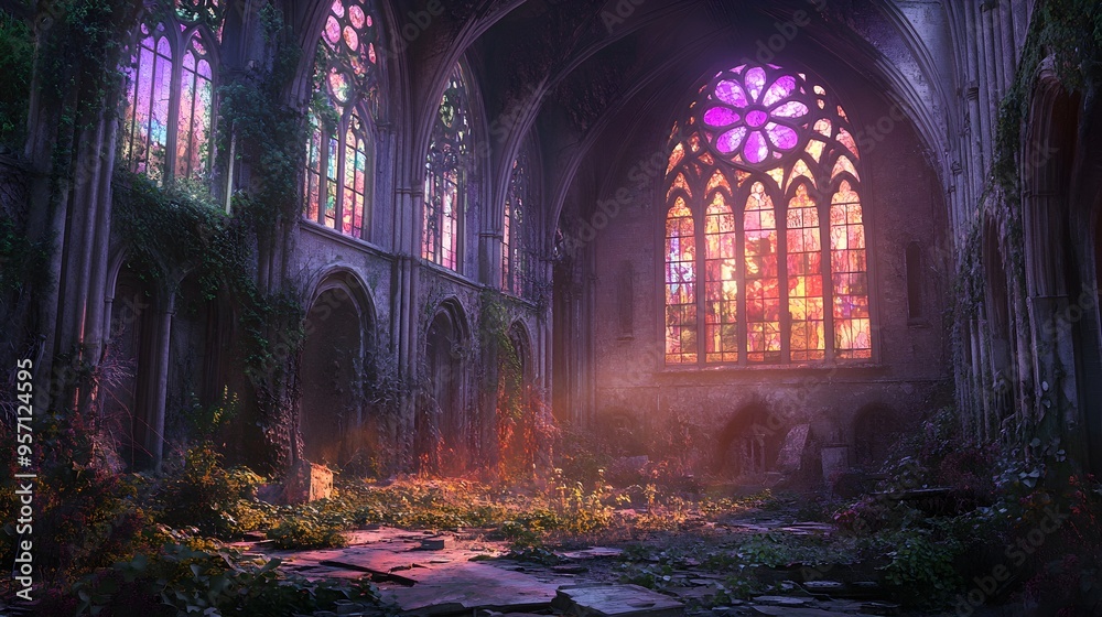 Overgrown Gothic Church With Stained Glass Windows Overgrown Gothic Church With Stained Glass Windows