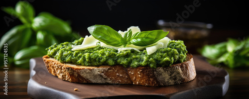 Delectable slices of bruschetta topped with homemade pesto and parmesan, presented on a rustic wooden board.