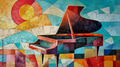 An abstract painting in a cubist style with a piano motif