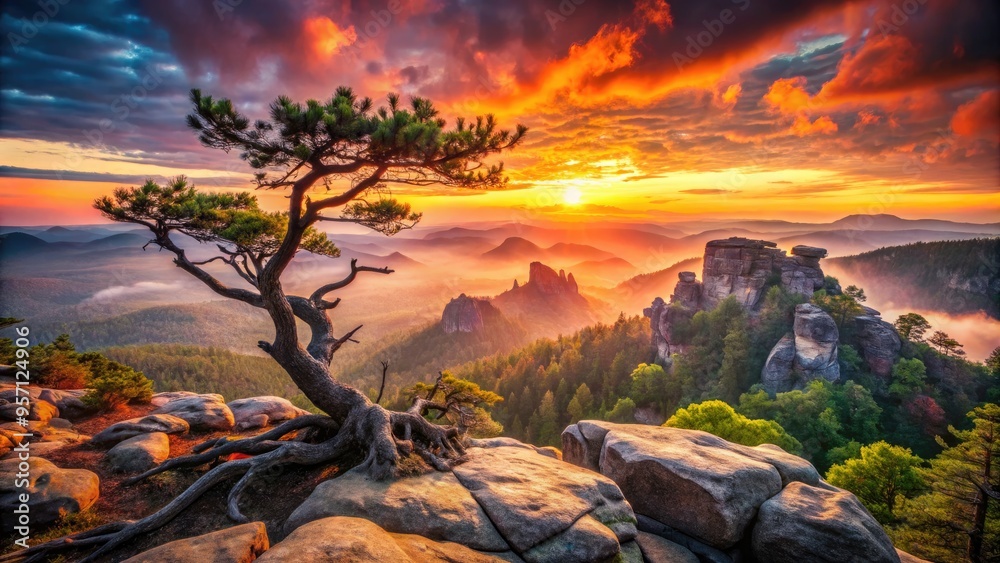 Vibrant sunset illuminates a sprawling, rugged landscape of rocky outcroppings, misty mountains, and twisted trees, set against a fiery orange and pink wild background. Vibrant sunset illuminates a sprawling, rugged landscape of rocky outcroppings, misty mountains, and twisted trees, set against a fiery orange and pink wild background.