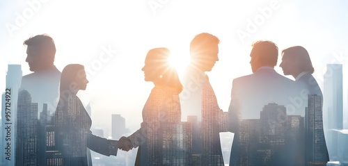 Silhouettes of a business team standing against a modern city skyline, with sunlight shining through the buildings.
