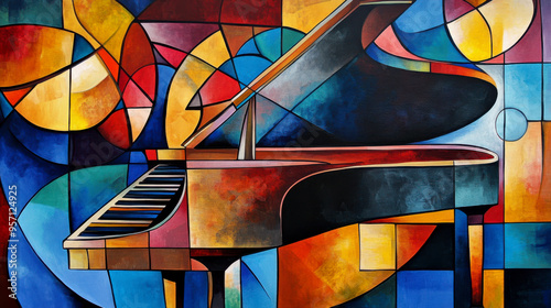 An abstract painting in a cubist style with a piano motif