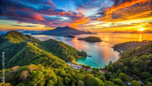 Vibrant sunset illuminates lush green mountains and pristine turquoise waters of Kota Kinabalu, showcasing Sabah's breathtaking natural beauty and allure for adventurous travelers. photo