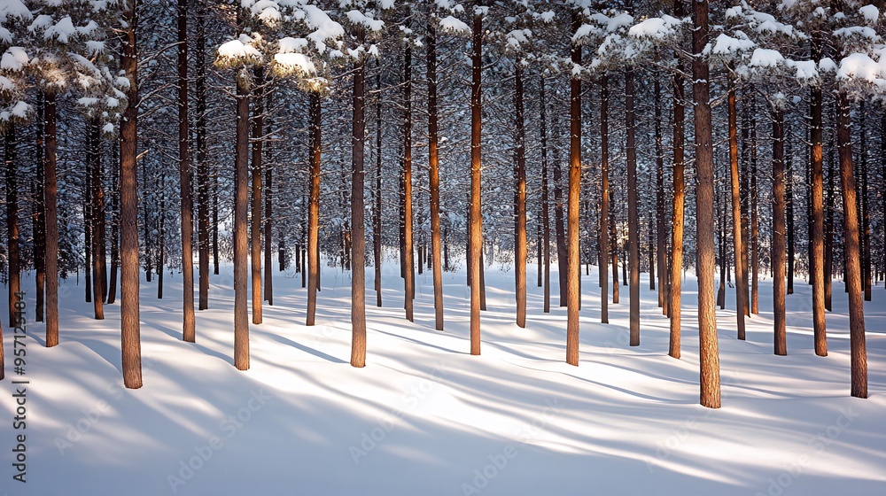 A snow-covered forest with tall pine trees casting long shadows on the white snow. A snow-covered forest with tall pine trees casting long shadows on the white snow.
