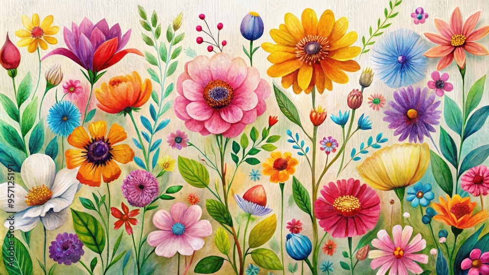 Vibrant illustration of colorful flowers blooming on a white canvas background, showcasing delicate petals and stems with whimsical, hand-painted brushstrokes and playful texture. Vibrant illustration of colorful flowers blooming on a white canvas background, showcasing delicate petals and stems with whimsical, hand-painted brushstrokes and playful texture.