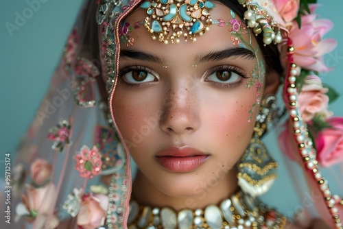 Young Indian Bride with Glowing Eyes and Floral Headpiece