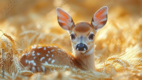 young fawn nestled in tall golden wheat field dappled sunlight creating magical atmosphere capturing innocence of nature photo