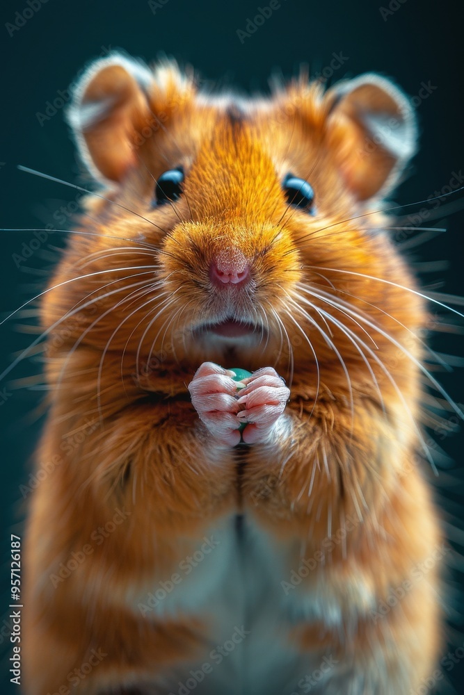 A golden hamster with large, dark eyes looks directly at the camera, holding a small, green object in its paws A golden hamster with large, dark eyes looks directly at the camera, holding a small, green object in its paws