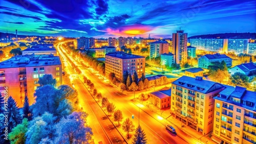 Vibrant thermal imaging of a cityscape at dusk, with warm orange and yellow hues illuminating buildings, roads, and trees against a cool blue background. photo