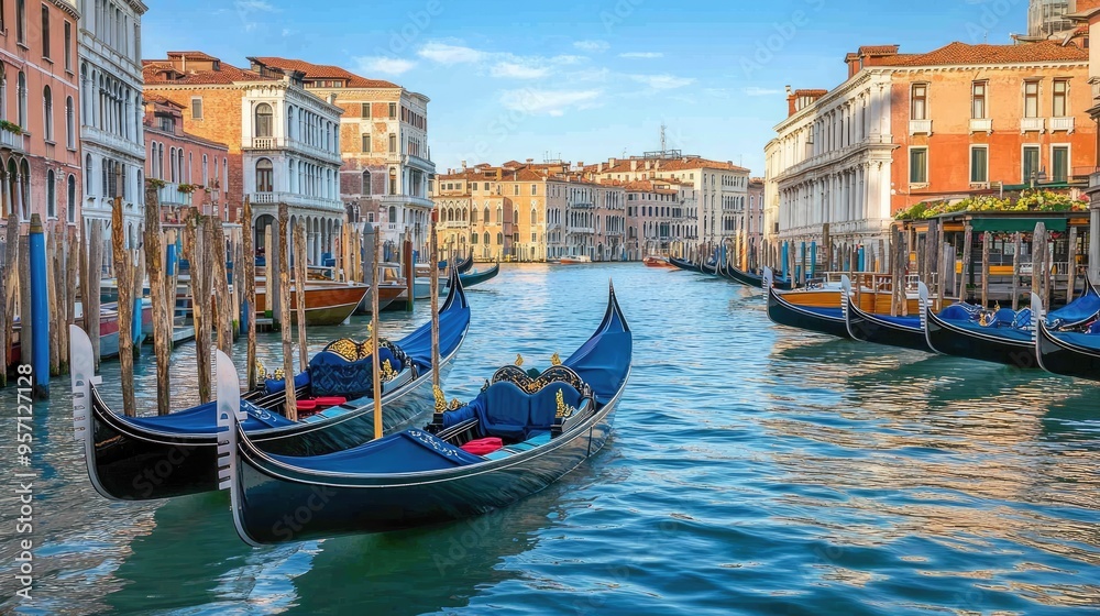The Grand Canal in Venice, Italy, with its iconic gondolas and palaces, captured in a moment of complete stillness The Grand Canal in Venice, Italy, with its iconic gondolas and palaces, captured in a moment of complete stillness