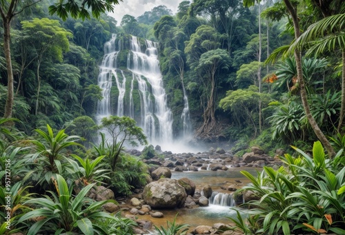 A waterfall is surrounded by lush green trees and plants