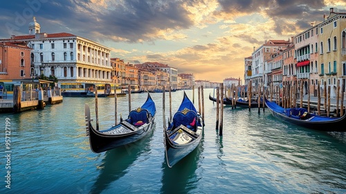 The Grand Canal in Venice, Italy, with its iconic gondolas and palaces, captured in a moment of complete stillness