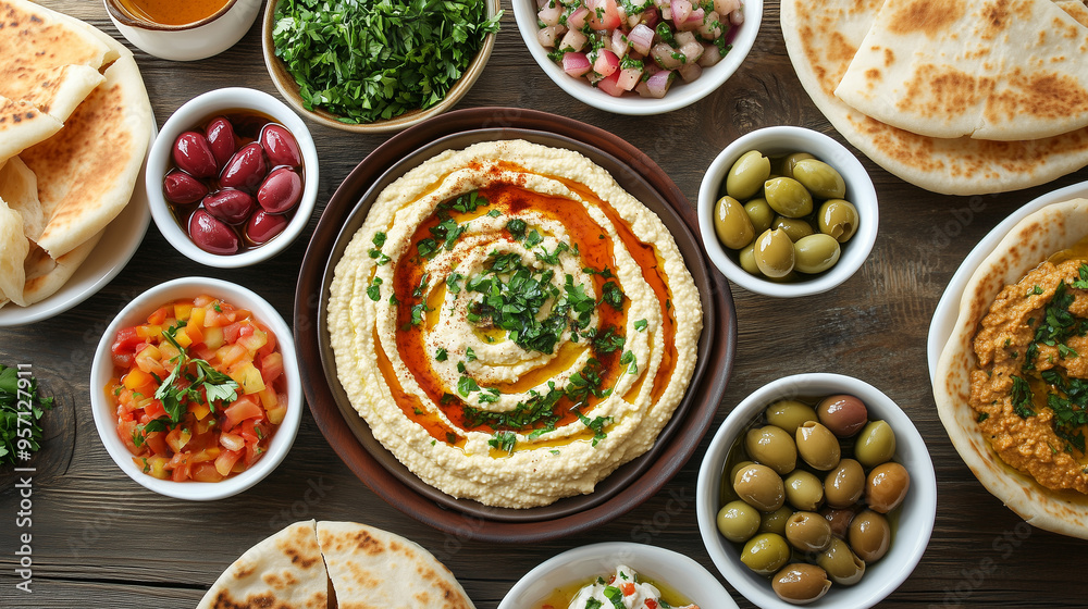 flat lay of a Mediterranean foods flat lay of a Mediterranean foods