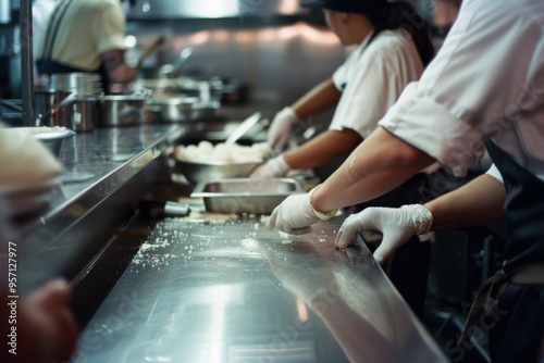 Professional chefs in a bustling kitchen intensely focused on preparing dishes, showcasing culinary skills and teamwork in a dynamic environment.