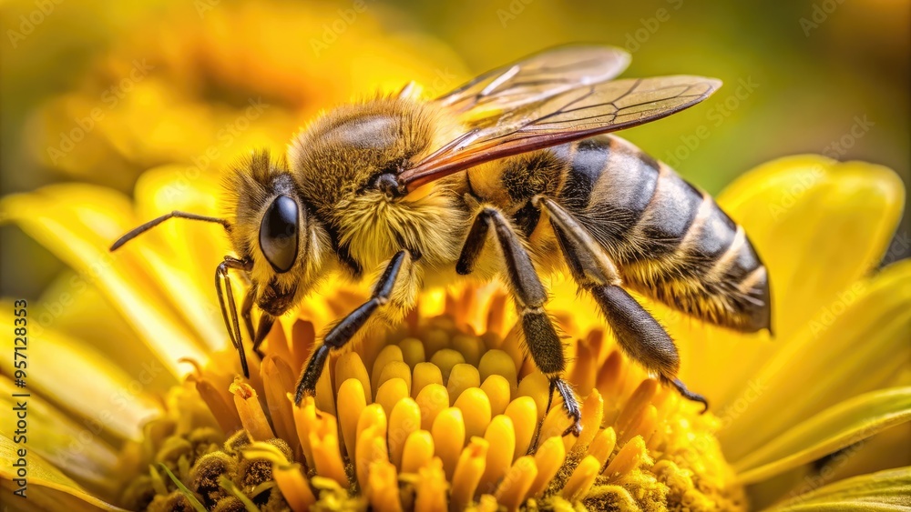 Vibrant macro shot of a busy honeybee's furry body and intricate wing details as it collects nectar from a delicate, pale yellow flower petal. Vibrant macro shot of a busy honeybee's furry body and intricate wing details as it collects nectar from a delicate, pale yellow flower petal.