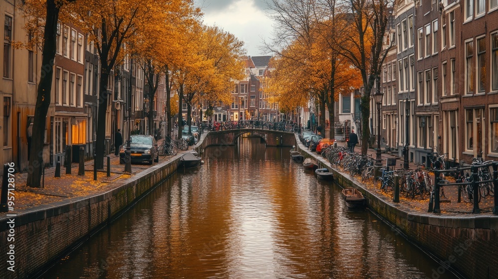 Fototapeta premium The peaceful canals of Amsterdam, Netherlands, lined with historic buildings and trees, with no one around.