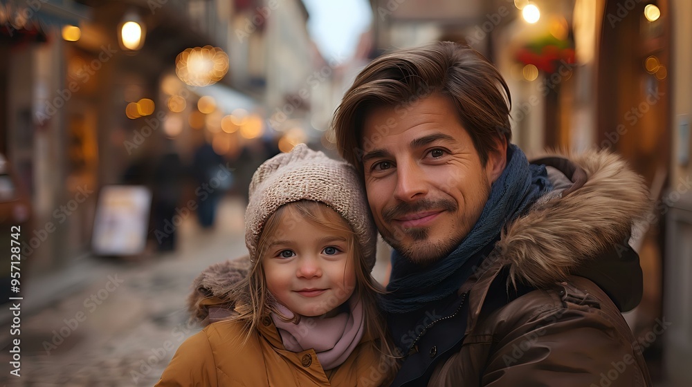A heartwarming portrait of a father and daughter in cozy winter clothing, set in a festive street with warm lighting. Ideal for family, holiday, or lifestyle-themed projects. A heartwarming portrait of a father and daughter in cozy winter clothing, set in a festive street with warm lighting. Ideal for family, holiday, or lifestyle-themed projects.