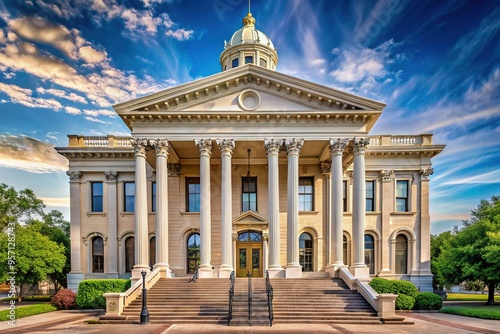 The stately county courthouse features columns and an arched entryway, its dignified facade a testament to tradition and civic pride.