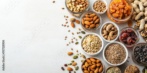 Variety of nuts on a white background with empty space for text.Banner