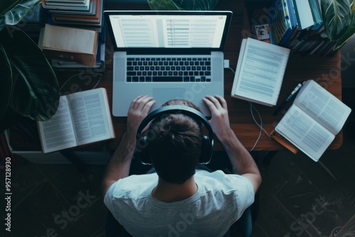 An overhead view of a person wearing headphones, focused on a laptop surrounded by books, depicting a studious and immersive learning environment.