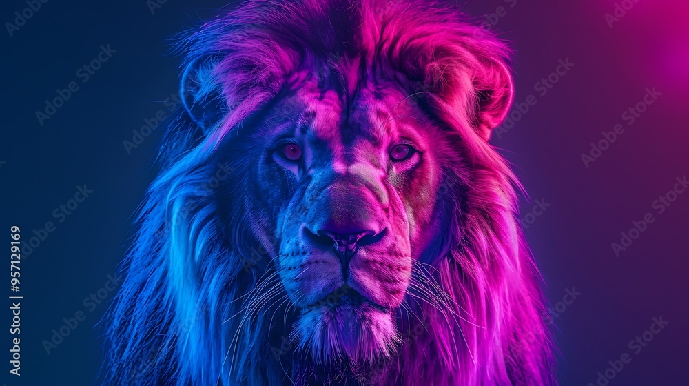 Naklejka premium A lion's head glowing against a neon background, symbolizing leadership and strength, the powerful imagery enhanced by vivid colors