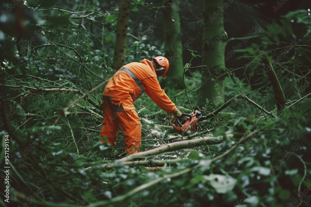 Obraz premium A worker clad in bright orange protective gear operates a chainsaw, cutting through thick branches in a dense woodland area.