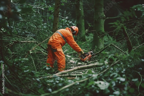 A worker clad in bright orange protective gear operates a chainsaw, cutting through thick branches in a dense woodland area.