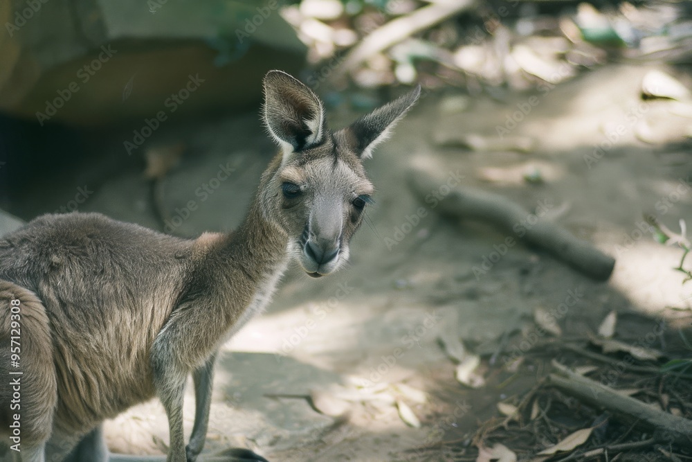 Fototapeta premium A kangaroo stands calmly in its natural habitat, surrounded by soft daylight and leafy greenery, evoking a serene atmosphere.