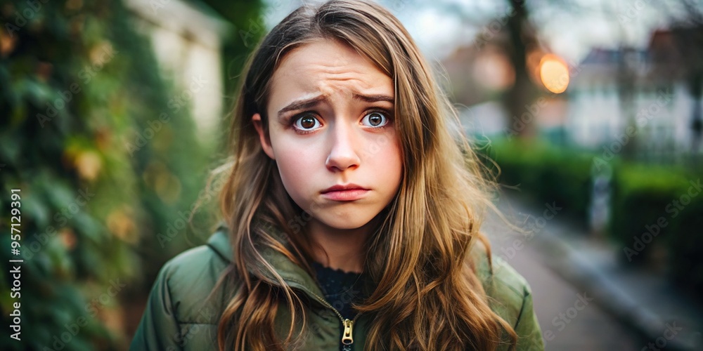 Obraz premium The young woman's features momentarily betray a jumble of emotions, uncertainty and vulnerability momentarily exposed in a fleeting, unscripted moment of discomfort.