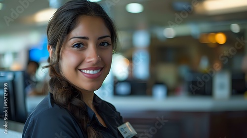 smiling woman in a professional setting, exuding confidence and friendliness, symbolizing excellent customer service and professionalism. Perfect for concepts of business, servic photo