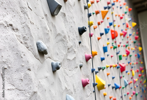 Rock wall climbing, bloudering with colored rocks