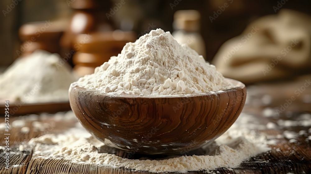 Fresh white wheat flour in rustic wooden bowl on dark table with scattered flour powder, perfect for baking and cooking concept background. Fresh white wheat flour in rustic wooden bowl on dark table with scattered flour powder, perfect for baking and cooking concept background.