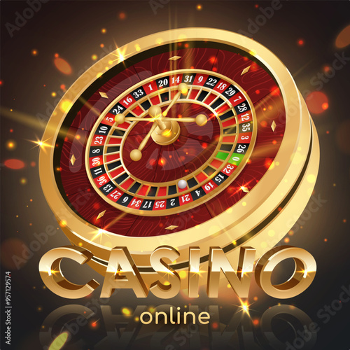 Golden casino roulette wheel with wood desk and cells on black background with golden light, rays, glare, sparkles. Vector illustration for casino, game design, advertising